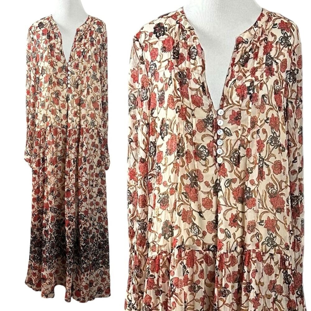 Free People Bohemian Billowy Floral See It Through Maxi Dress Tea Combo Medium - Picture 5 of 14